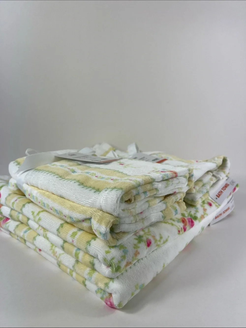Caro Home Bath Towel  Set Floral Yellow White Green Pink Velour Cotton 6 Pc NEW